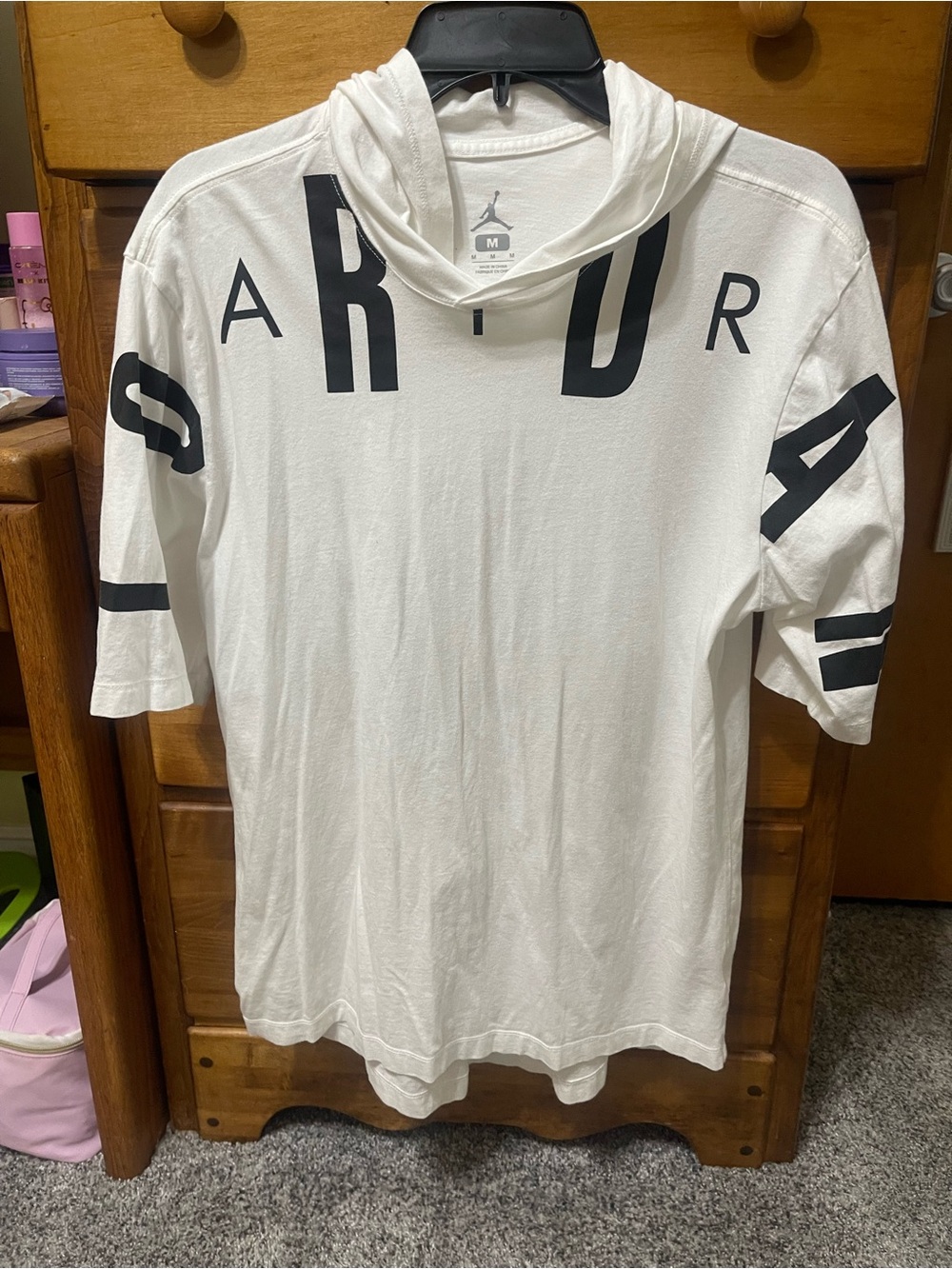 Jordan White Short-Sleeve Hooded Tee with Black Lettering